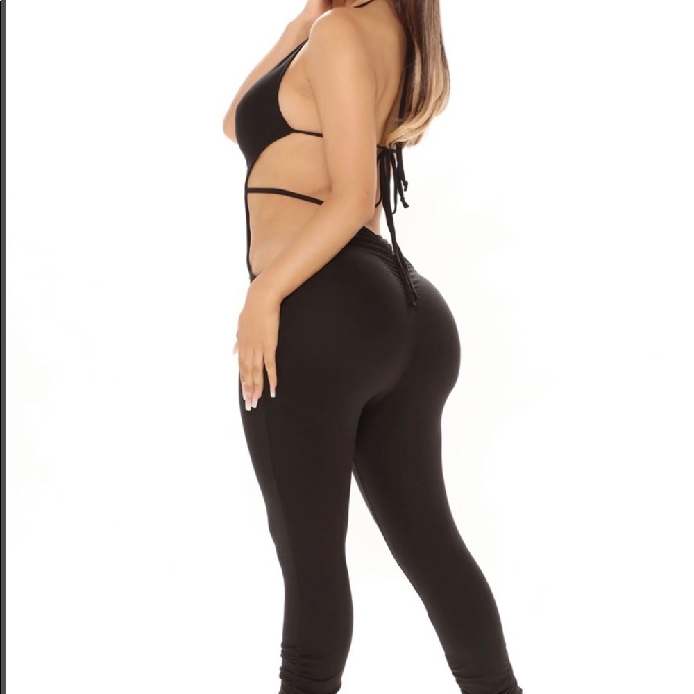 FASHION NOVA BLACK CUTOUT RUCHED JUMPSUIT - Picture 2 of 5